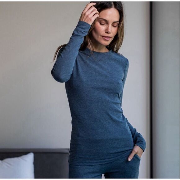 Lunya Restore Base Pima Cotton Long Sleeve Tee Deep Blue Heather NWT Size Small - Picture 1 of 5